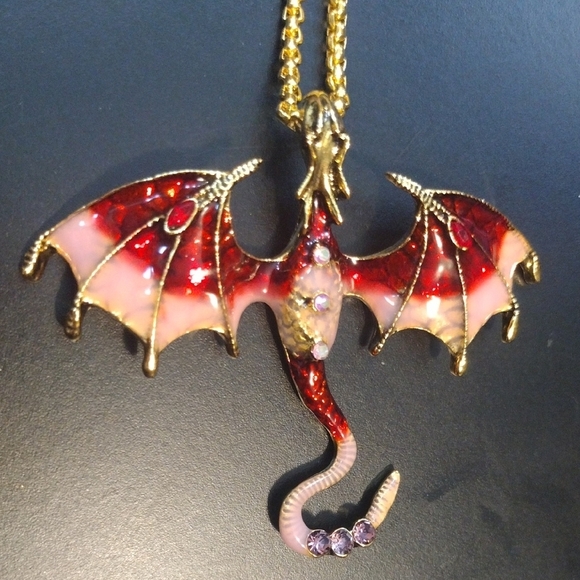 Dragon Pendant Necklace with Red, Pink and Gold Accents - Picture 4 of 9